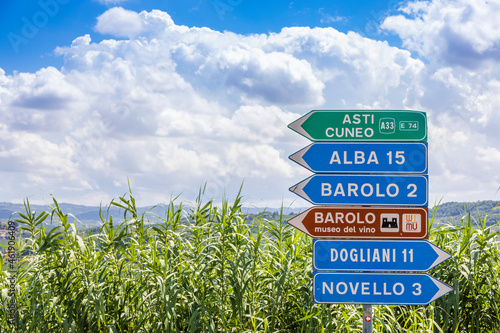 Barolo village road sign, Unesco site, Italy