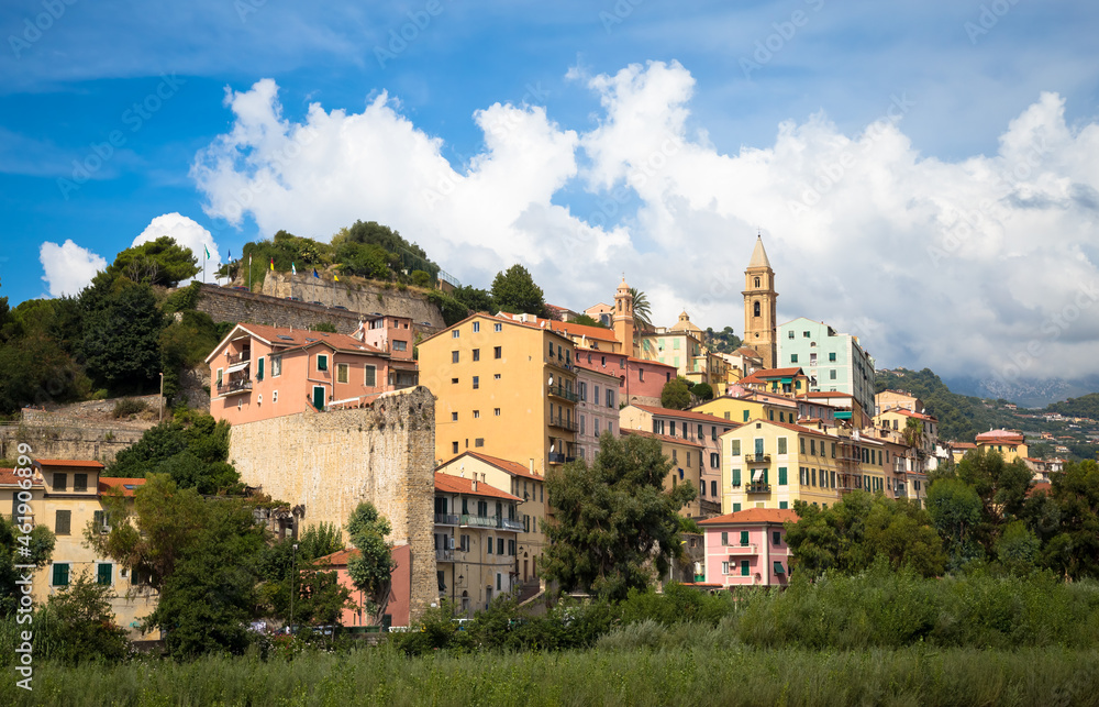 Ventimiglia village in Italy, Liguria Region, with a blue sky