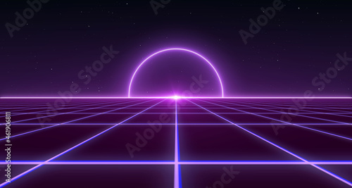 Obraz na płótnie 80s Retro Sci-Fi Background Futuristic Grid landscape. Digital cyber surface style of the 1980`s. 3D illustration w salonie