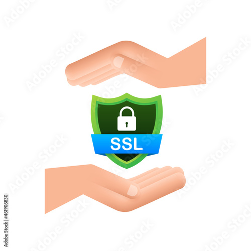 Secure connection icon vector illustration isolated on white background, flat style secured ssl shield symbols on hands.