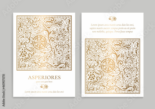White invitation card design with golden ornament pattern. Luxury vintage vector template. Can be used for background and wallpaper. Elegant and classic vector elements great for decoration.