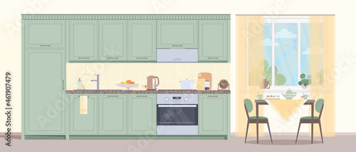 Kitchen with furniture.  Cozy interior of a modern kitchen with table, chairs, dishes and furniture.  Vector flat plane style.  Graphic design template. © Наталья Барматина