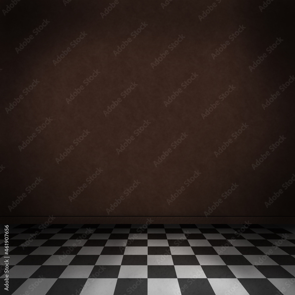 Empty, dark, psychedelic room with black and white checker on the floor and dark wall. Empty background texture for design