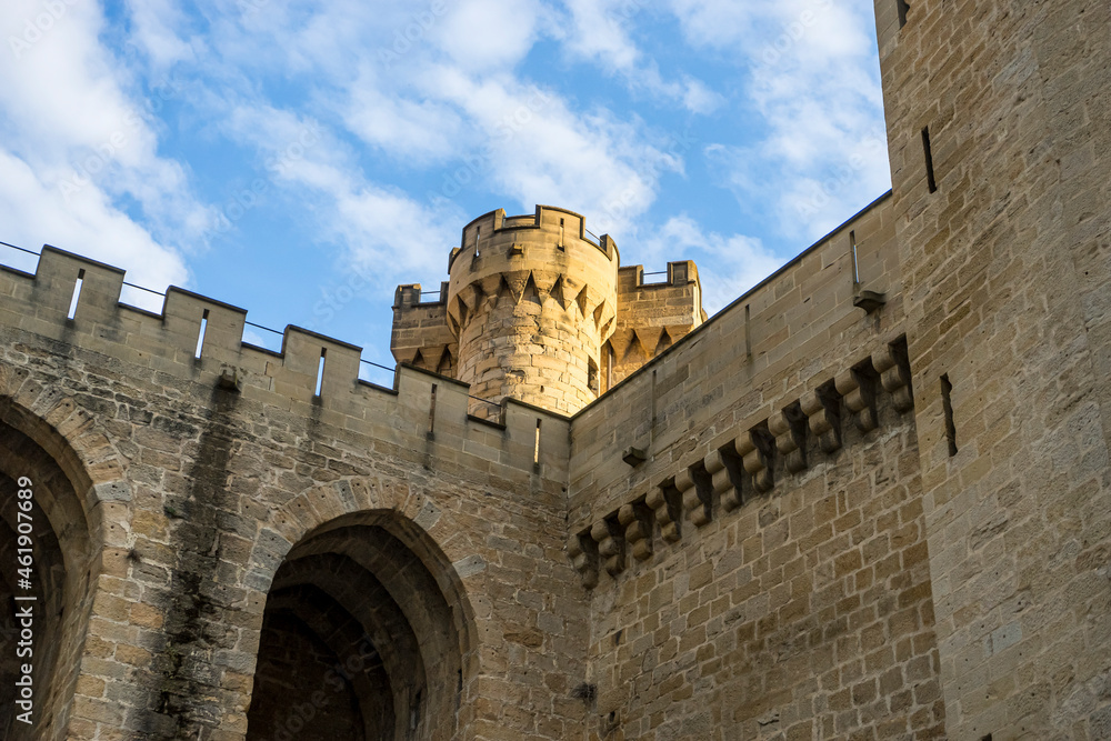 Medieval castle of the City of Olite in Navarra, Spain. Wall, battlements and fortress