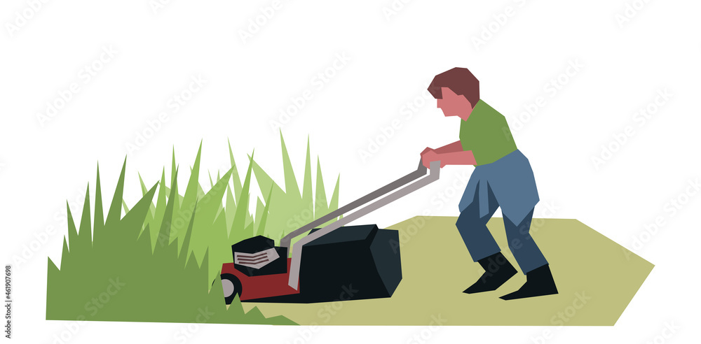 old woman using lawn mower isolated illustration