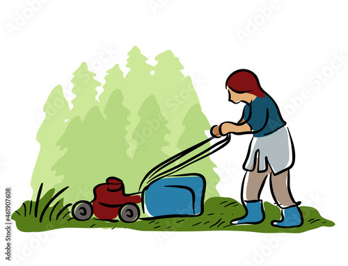 Woman cutting grass with lawn mower