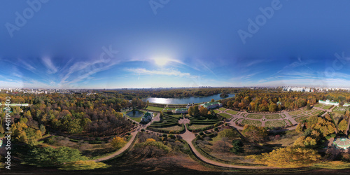 panoramic view of the museum and park complex Kuskovo in early autumn in Moscow from a drone height 