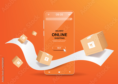 Parcel boxes and receipt paper floated in the air. clear glass smartphone face and has a cursor pointing to buy icon on the smartphone screen,vector 3d on orange background for online shopping concept