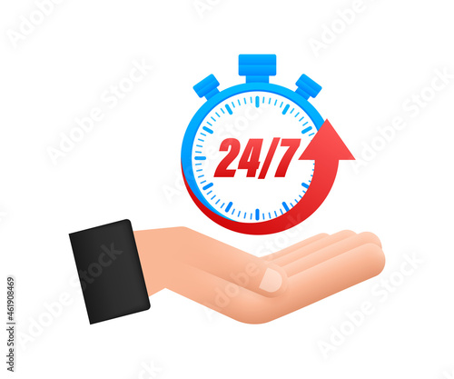 24-7 service concept with hands. 24-7 open. Support service icon. Vector stock illustration.