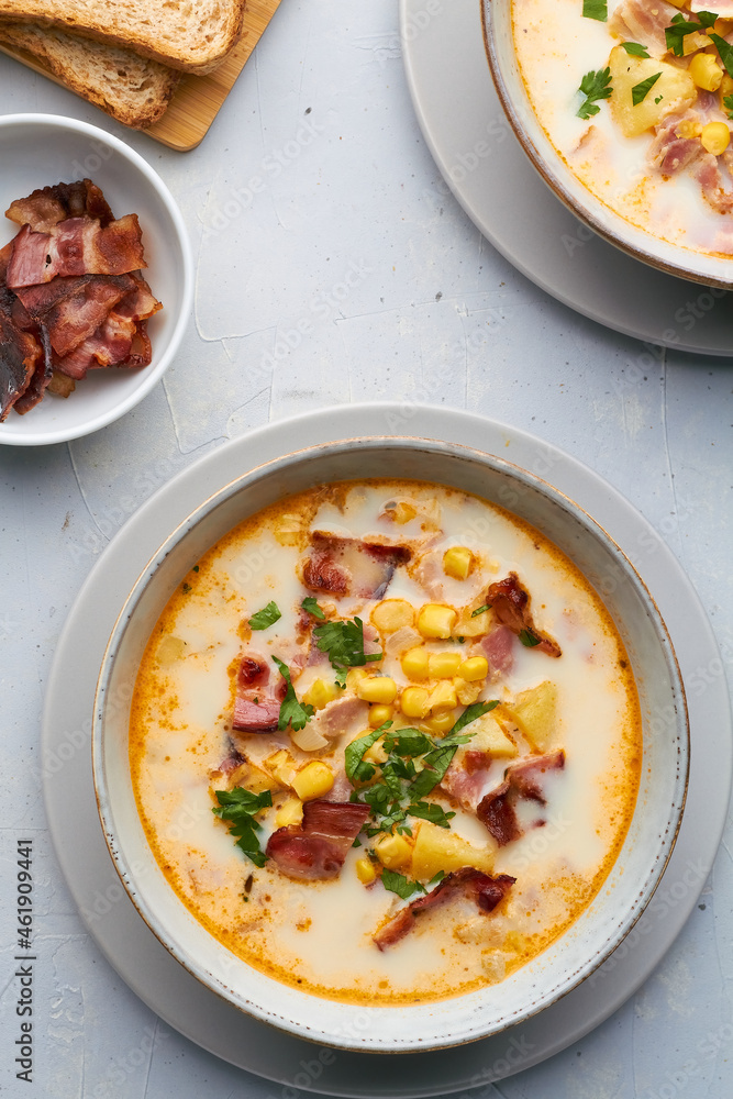corn chowder creamy soup with corn celery onion bacon cream milk corn chowder creamy soup with corn celery onion bacon cream milk