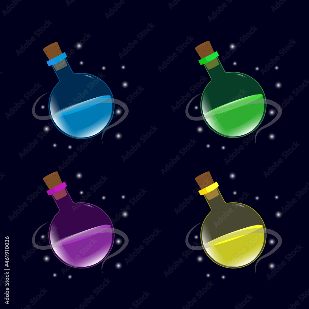 Set of cartoon magic colors bottles. Vector game elements.