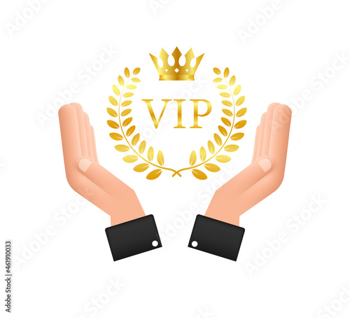 Golden symbol of exclusivity, the label VIP with glitter in hands. Very important person - VIP icon on dark background Sign of exclusivity with bright.