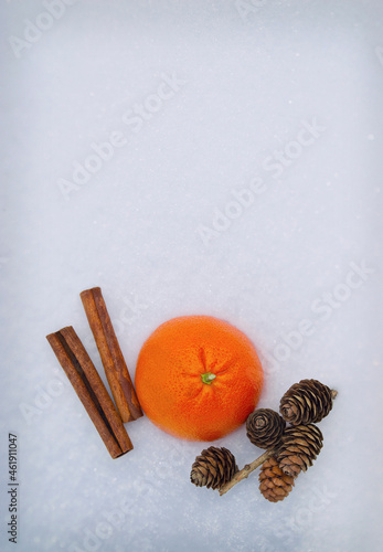 Christmas scents. Cinnamon sticks, tangerine, orange, pine cones. on the snow. Winter season concept.copy space,flat lay