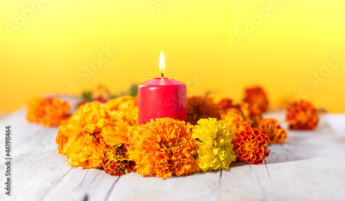 Candles and marigold flowers. Day of the dead concept dia de los muertos