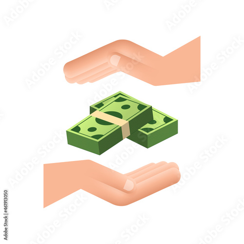 Flat money hand for concept design. Hand holding green money banknotes. Flat design.