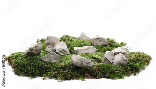 Rock and green moss isolated on white background