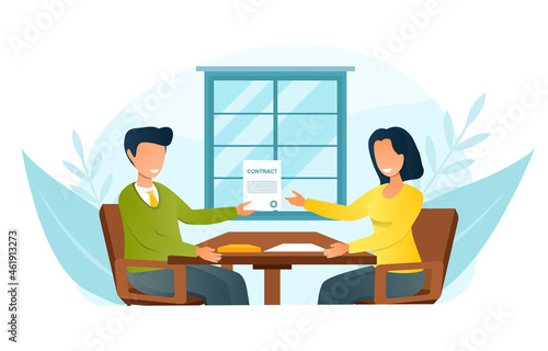 Business partners sign an agreement in a stratup project. successful negotiation, conclusion of a contract. Flat cartoon vector illustration concept design. Person isolated on white background.