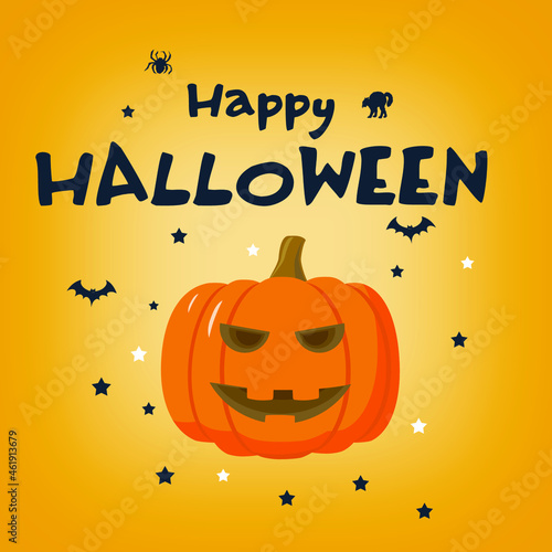 Happy halloween square card. Yellow background. A large orange pumpkin in the center
