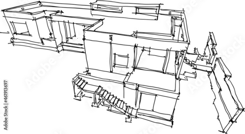 hand drawn architectural sketch of construction of  a modern detached house