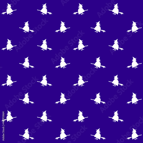 Seamless pattern. White silhouettes on a dark background. A witch on a broom. Halloween. Scrapbooking. Wrapper