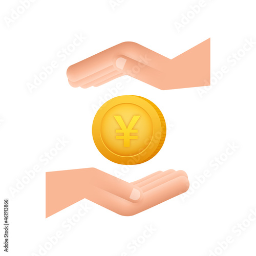 Yen coin with hands, great design for any purposes. Flat style vector illustration. Currency icon.