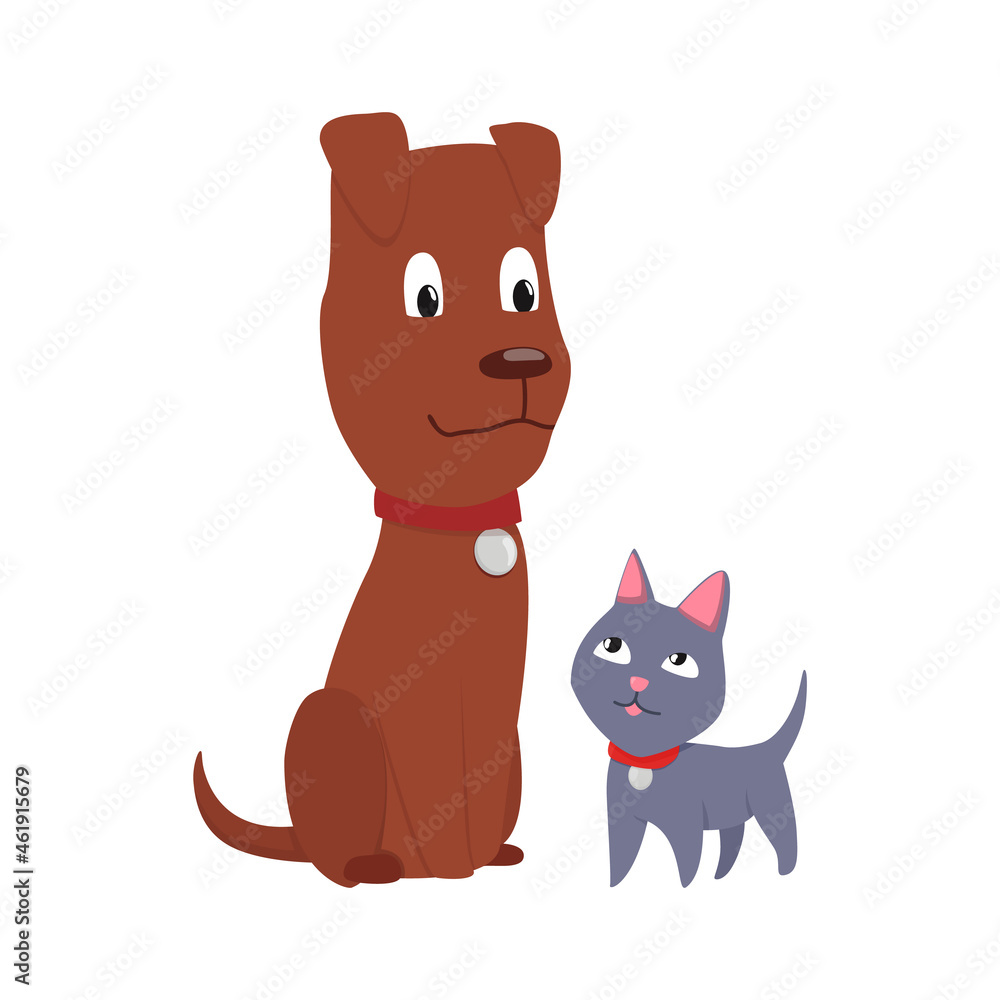 Obraz premium Cats and dog characters best happy friends. Together spending time isolated on white background. Funny flat cartoon colorful friendship pets. illustration
