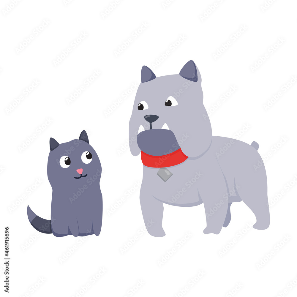 Fototapeta premium Cats and dog characters best happy friends. Together spending time isolated on white background. Funny flat cartoon colorful friendship pets. illustration