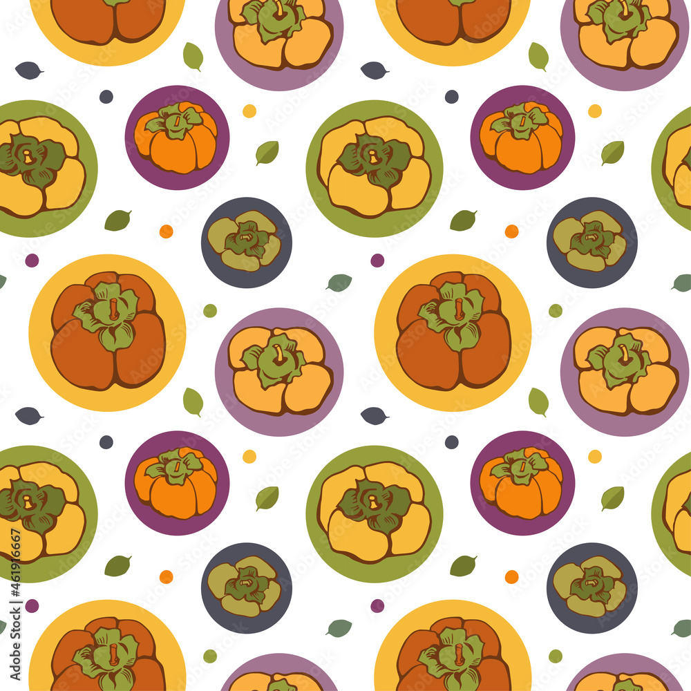 Seamless pattern with persimmon on a dark background. Illustration for restaurant menu, cosmetics, health care products, wrapping paper, post cards, prints for clothes.Vector illustration. Seamless pattern with persimmon on a dark background. Illustration for restaurant menu, cosmetics, health care products, wrapping paper, post cards, prints for clothes.Vector illustration.
