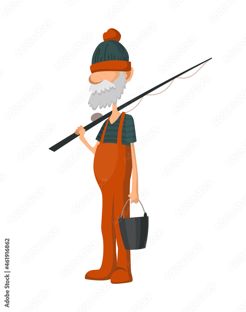 Fisherman fishing with fishing rod. Fishing people with fish and equipment. Vacation concept flat icon. Leisure and hobby catching fish Fisherman fishing with fishing rod. Fishing people with fish and equipment. Vacation concept flat icon. Leisure and hobby catching fish
