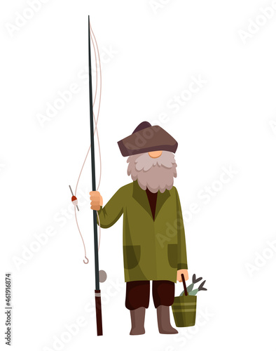 Fisherman fishing with fishing rod. Fishing people with fish and equipment. Vacation concept flat icon. Leisure and hobby catching fish