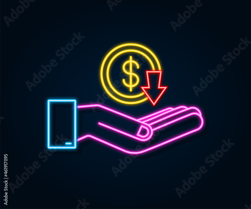 Money loss sign in hands. Cash with down arrow stocks graph, concept of financial crisis, market fall, bankruptcy. Vector stock illustration.