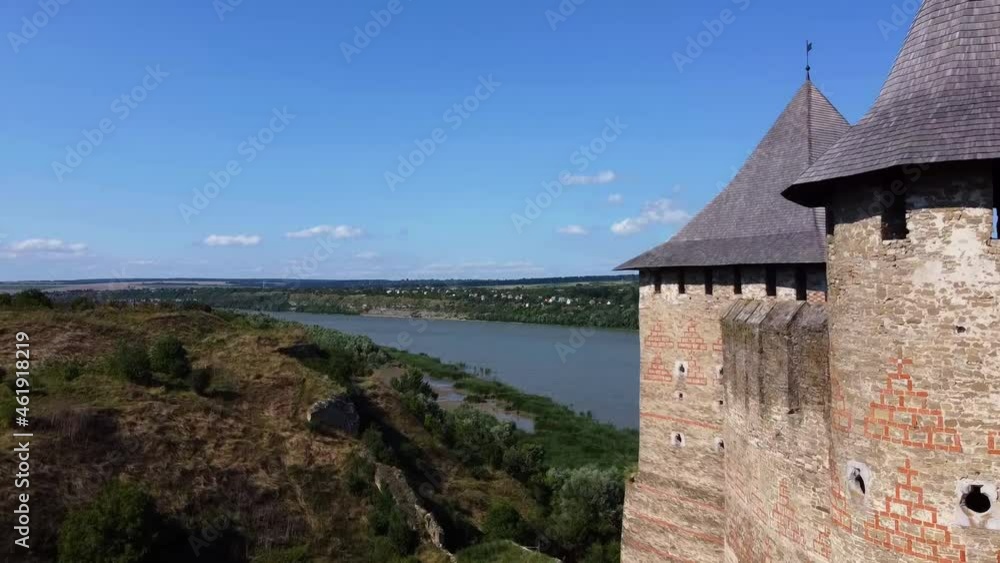 View of the castle walls in Khotyn and the Dniester river. Drone Video. Ukraine. Europe View of the castle walls in Khotyn and the Dniester river. Drone Video. Ukraine. Europe