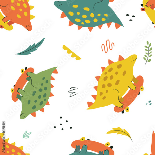 Seamless pattern with funny dinosaurs in hand drawn style. Creative childish texture. Great for fabric, textile. Isolated on white background vector illustration