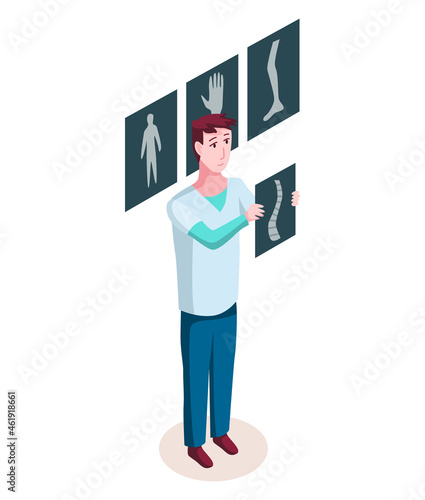 Medicine researcher isometric. Doctor considers the results of research. Isometric illustration kit with people character