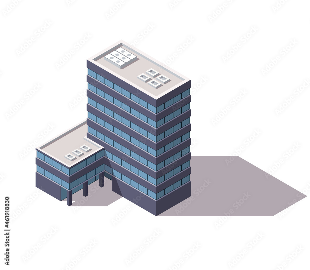 Offices isometric. Architecture building facade of business center. Infographic element. Architectural 3d illustration Offices isometric. Architecture building facade of business center. Infographic element. Architectural 3d illustration