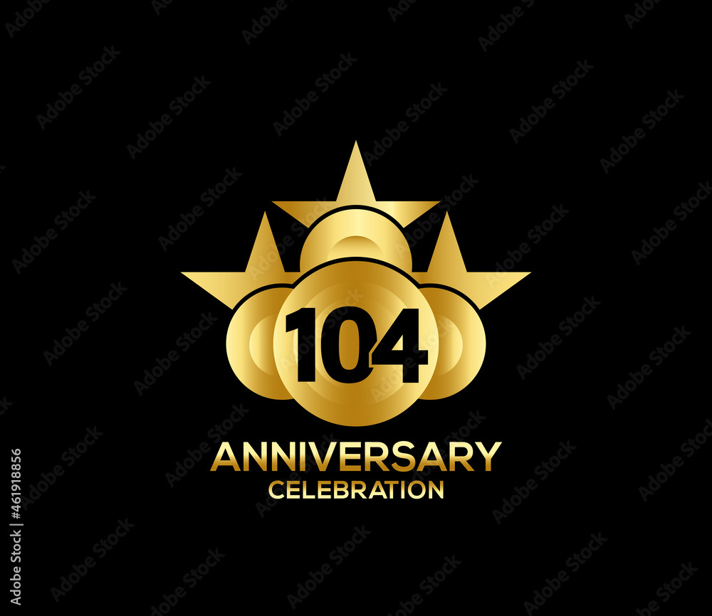 Happy Anniversary of, 104 Years, Bright Color Star Design Shape element, ceremony party Presentation Happy Anniversary of, 104 Years, Bright Color Star Design Shape element, ceremony party Presentation
