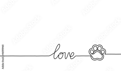 Paw print. Footprint pet, dog or cat. Continuous one line love and paw. Drawing single outline. Puppy foot isolated on background. Cute hand drawn linear design for prints. Contour paw. Vector