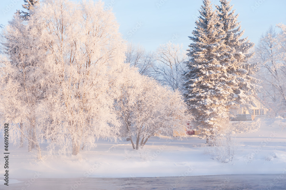 Winter landscape, frost covered trees and mist over freezing river water. Winter landscape, frost covered trees and mist over freezing river water.