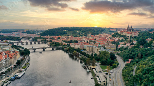 Canvas Print Sunrise Aerial View of Prague Cityscape, Prague castle, and Charles Bridge - Kar