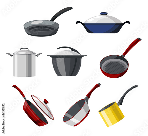 Cooking pans and pots colorful collection. Set of isolated icons skillet, saucepan for soup, roasting pan, and more cookware for cooking. Utensils logo design for frying food processing
