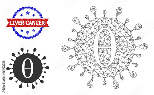 Mesh Tetta covid virus model icon, and bicolor grunge Liver Cancer watermark. Mesh wireframe symbol based on Tetta covid virus icon.