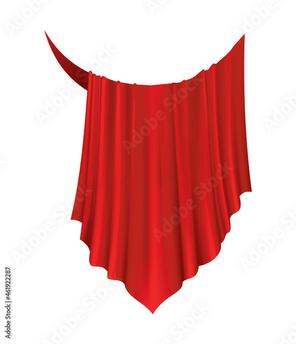 Covered object. Red silk fabric curtain cover. Revealer cloth realistic curtain for exhibition with a hidden object. Isolated object inside draped cloth on white background