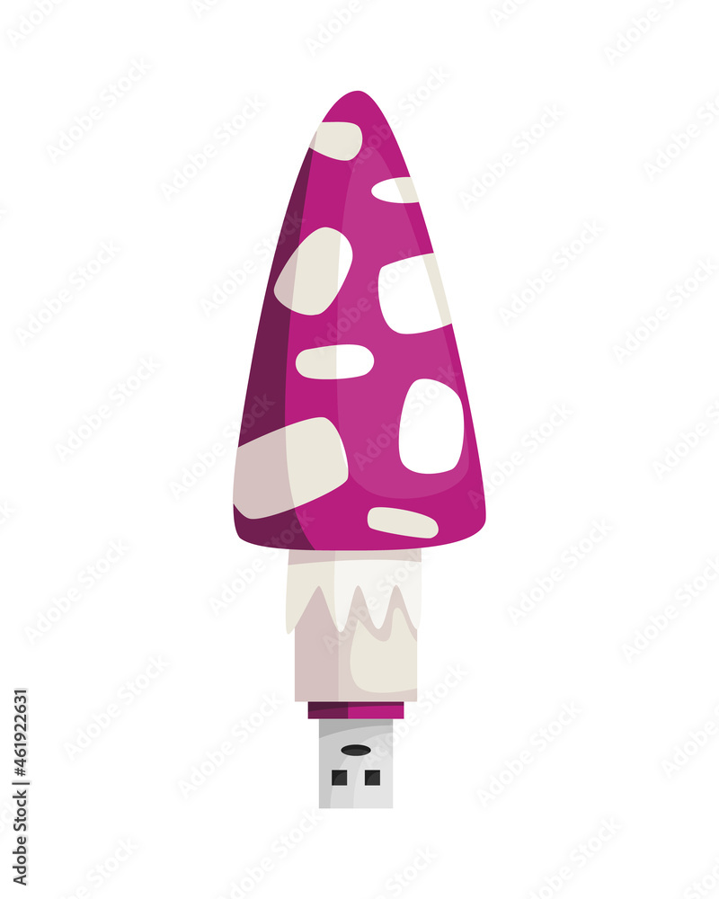 USB flash drive icon. Cartoon symbol of fly agaric. Colored memory stick isolated on white background in flat style USB flash drive icon. Cartoon symbol of fly agaric. Colored memory stick isolated on white background in flat style