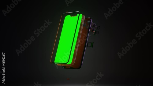 smartphone 3d presentation with disassembly into parts, futuristic gadget rotation with cameras, lenses, buttons, green screen and main circuit, 4K