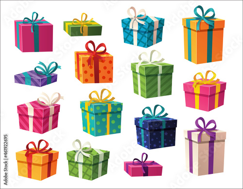 Set of colorful gift boxes with bows and ribbons. Illustration of isolated cartoon icon. Vector set christmas present.
