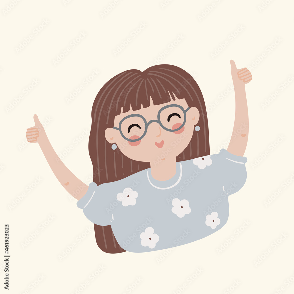 vector illustration of a cheerful fashionable young woman wearing glasses drawing in cartoon style vector illustration of a cheerful fashionable young woman wearing glasses drawing in cartoon style