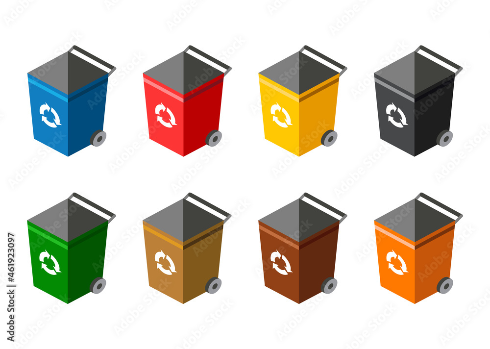 Garbage cans for sorting. Recycling elements. Many garbage cans with sorted garbage. Colored waste bins with trash. Separation of waste on garbage cans. Waste management concept Garbage cans for sorting. Recycling elements. Many garbage cans with sorted garbage. Colored waste bins with trash. Separation of waste on garbage cans. Waste management concept