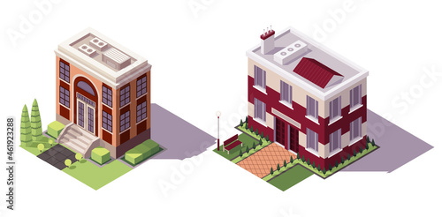 Isometric educational buildings set. Architecture modern city historic educational buildings icon set. Public library university school or government.  isometric icon or infographic element