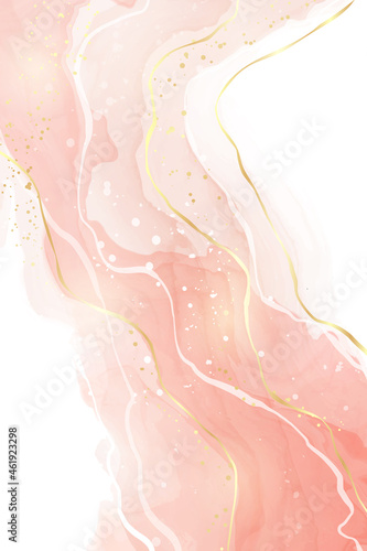 Pastel rose peach liquid watercolor background with golden cracks. Pink blush marble alcohol ink drawing effect. Vector illustration design template for wedding invitation, menu, rsvp