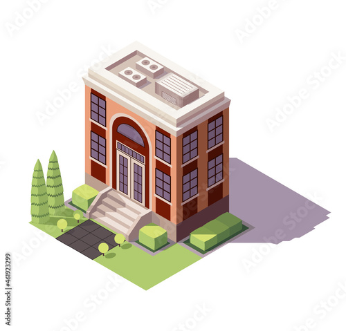 Isometric educational building. Architecture of modern city historic educational icon. Public library, university school or government.  isometric icon or infographic element. High detalied photo
